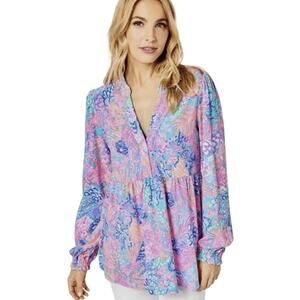 Lilly Pulitzer Winona Splendor In The Sand Tunic Top XL Babydoll Tropical Beachy